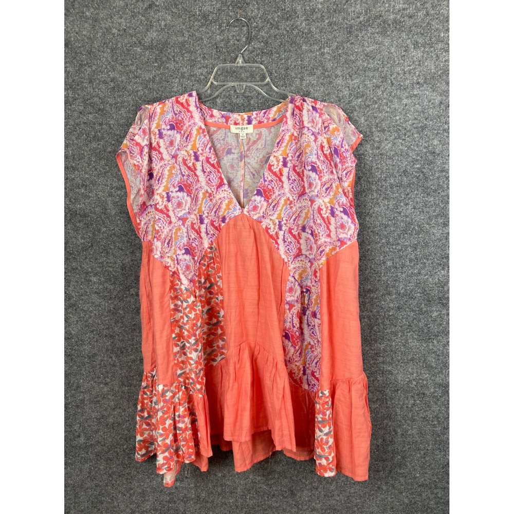 Umgee Tunic Top Women's Size S Coral Mixed Print  Boho Ruffle V-Neck